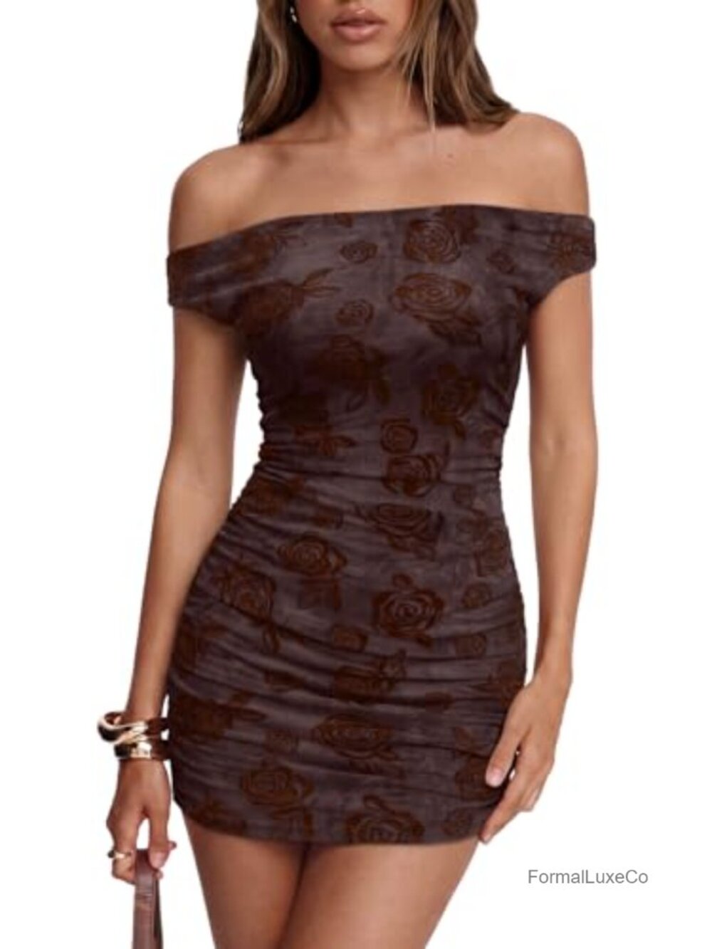 Off Shoulder Floral Mini Dress Velvet Bodycon Ruched Party
